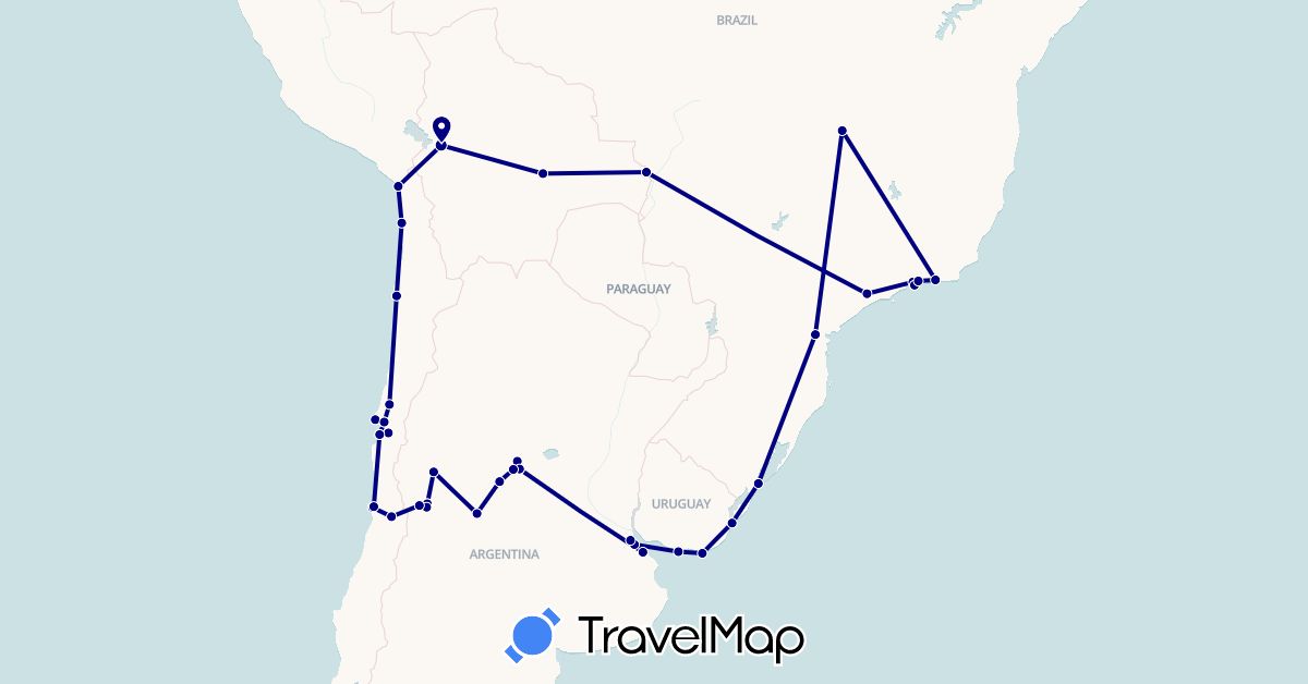 TravelMap itinerary: driving in Argentina, Bolivia, Brazil, Chile, Uruguay (South America)